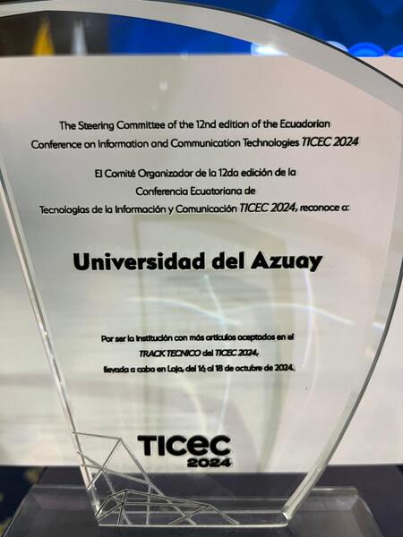 Reconocimiento por mayor índice de artículos aceptados - TICEC 2024